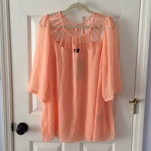 City Chic Sheer Lattice Neck Top Apricot NWT